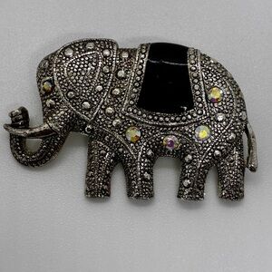 Elegant Silver Elephant  with Rhinestones and Black Accents Pin Brooch